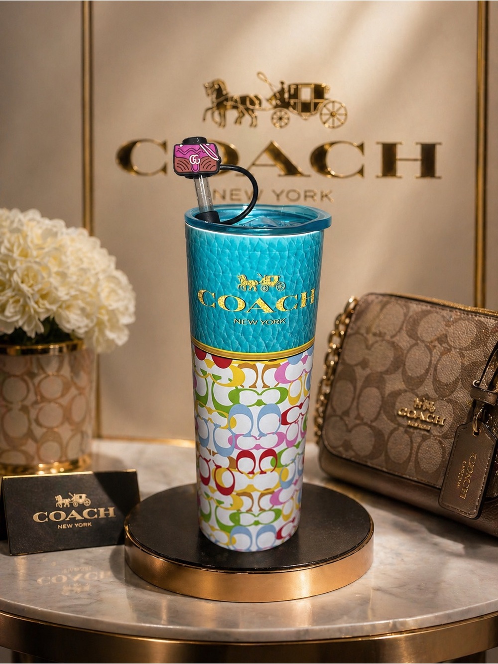 Coach Multicolor Signature Travel Tumbler with Teal Lid